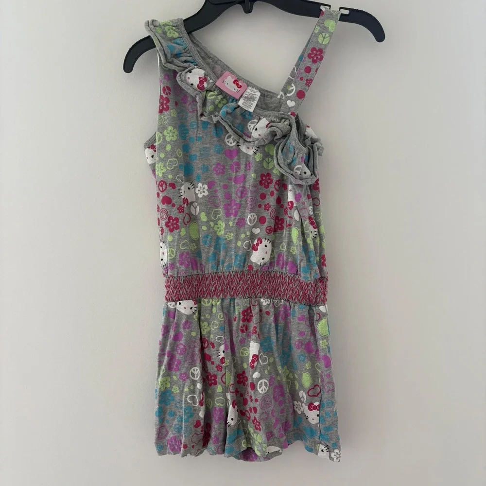 Hello Kitty Romper Jumpsuit Ruffle Trim Hearts Peace Signs Gray Girls L (10/12)